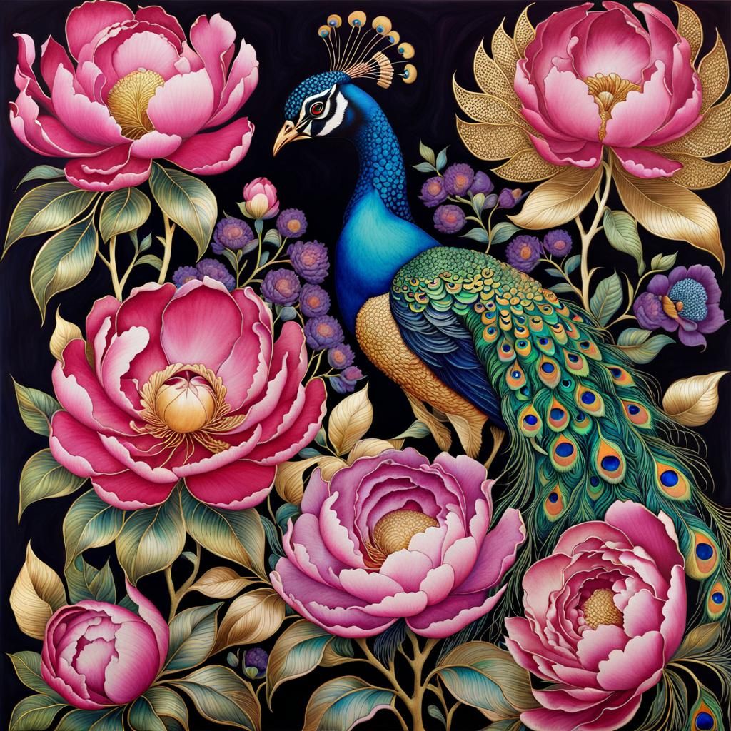 Peacock and Peonies in Flowing Watercolor and Ink