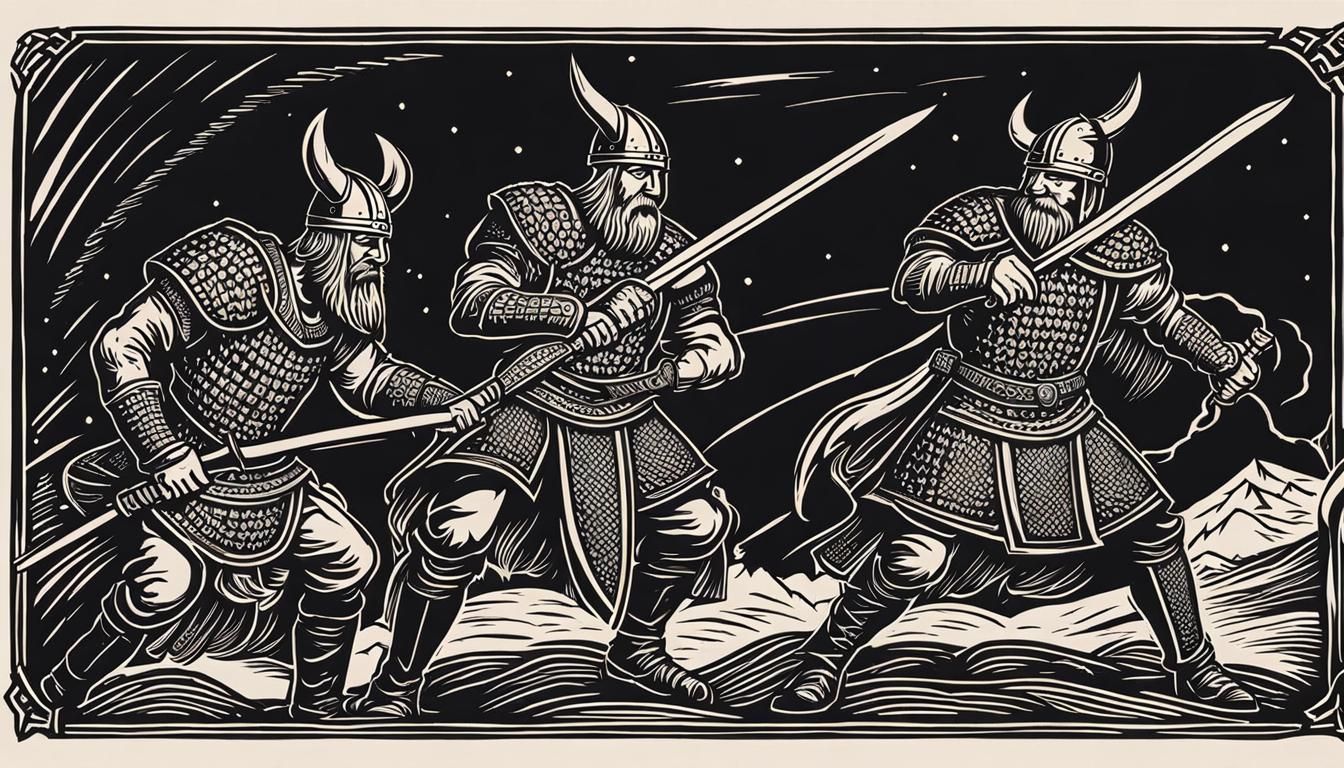 Vikings Play Catch with Skull: Woodcut Illustration
