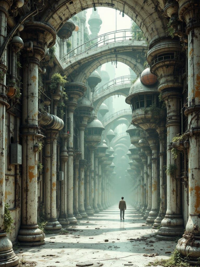 Industrial Hallway with Live Wires and Plants