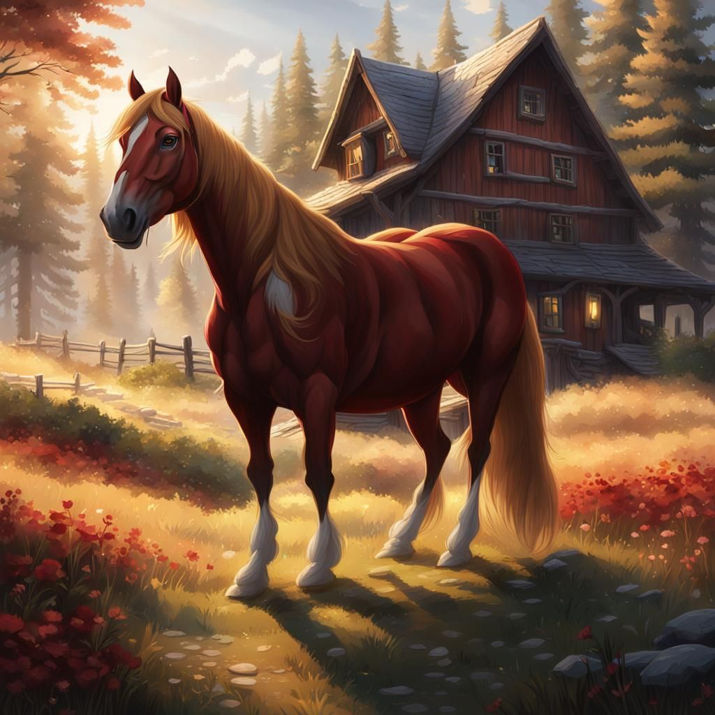 Majestic Horse Observes House in Medieval Meadow