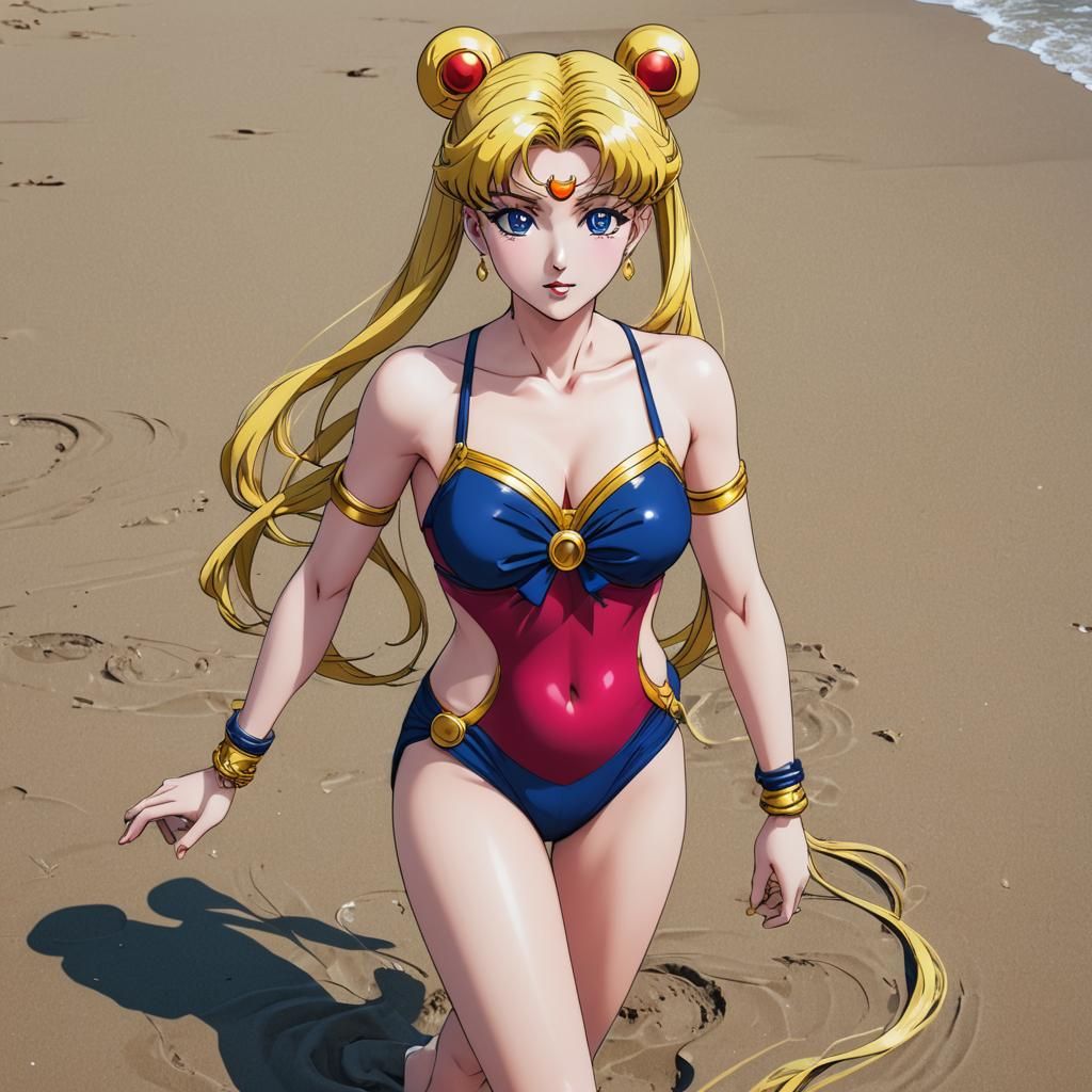 Pregnant Sailor Moon on Beach in Anime Style