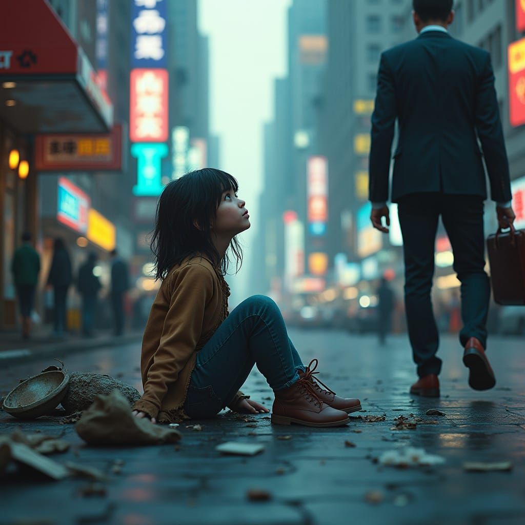 Homeless Girl Meets Oblivious Rich Man in Gritty Cityscape