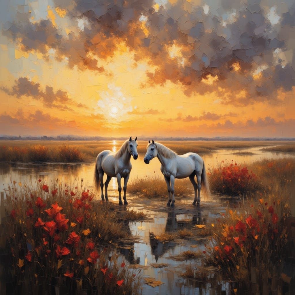 White Horses at Sunrise in Camargue, Impasto Oil Painting