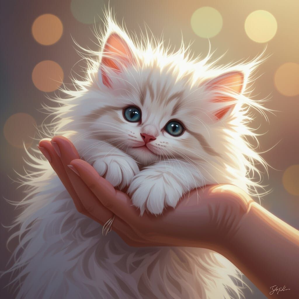 Fluffy Kitten Nuzzling Hand: Photorealistic Digital Art
