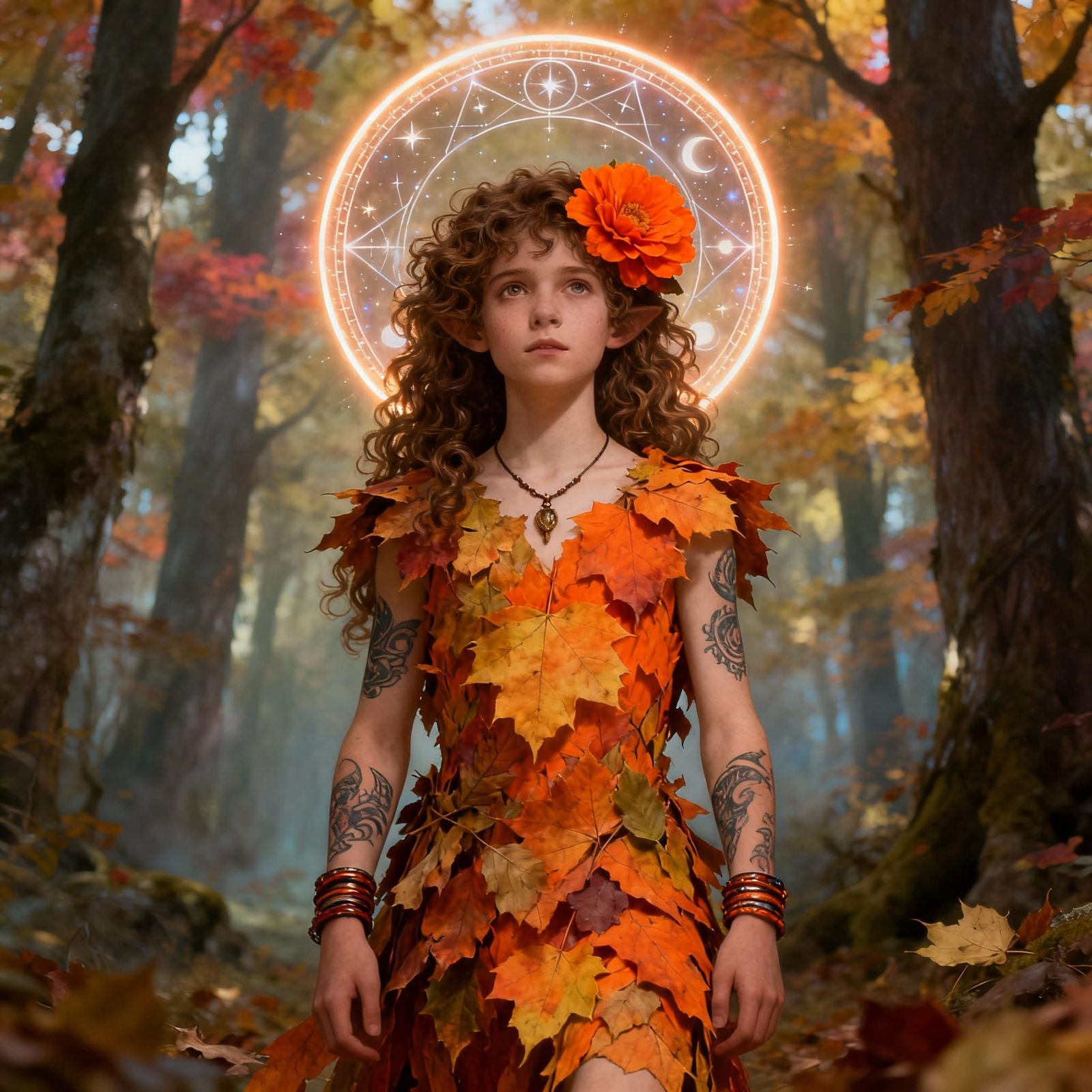 Mystical Autumn Forest Dweller with Leaf Dress