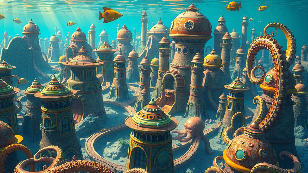 Underwater Octopus City in Futuristic Surrealism Style