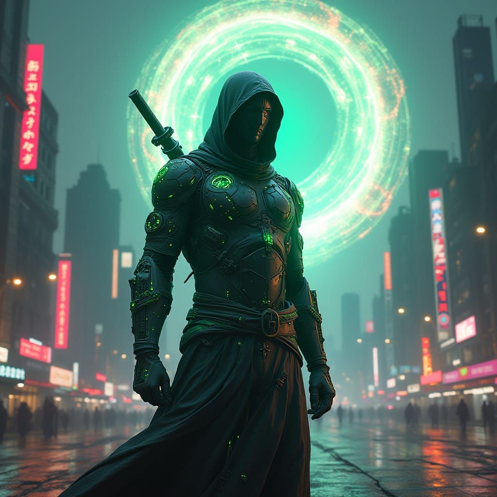 Futuristic Cyberpunk Ninja in Neon Cityscape