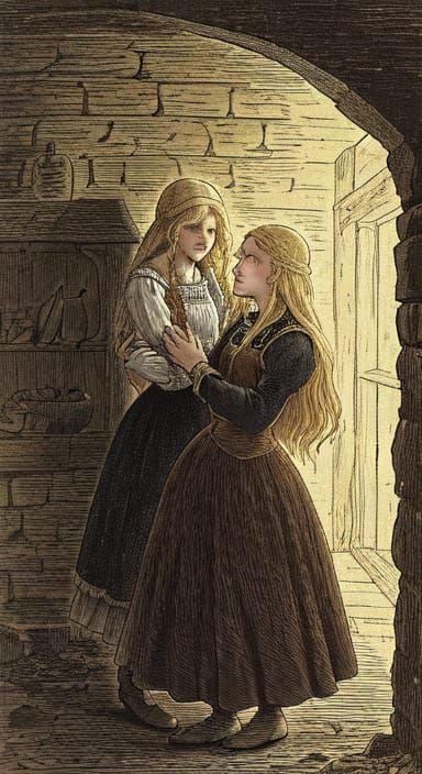 Pregnant Mother Comforts Daughter in Medieval Log Cabin