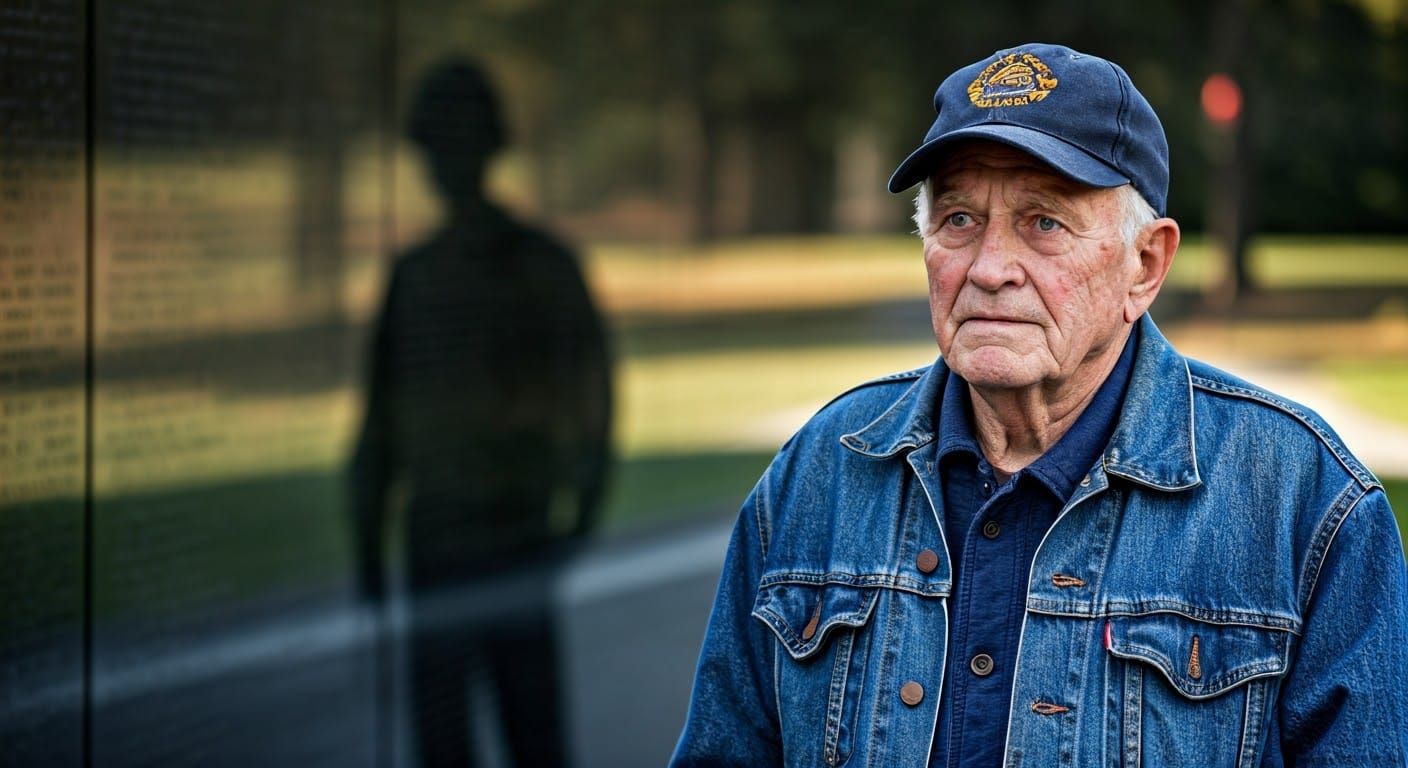 Elderly Man Contemplates Vietnam Veterans Memorial, Shadow o...
