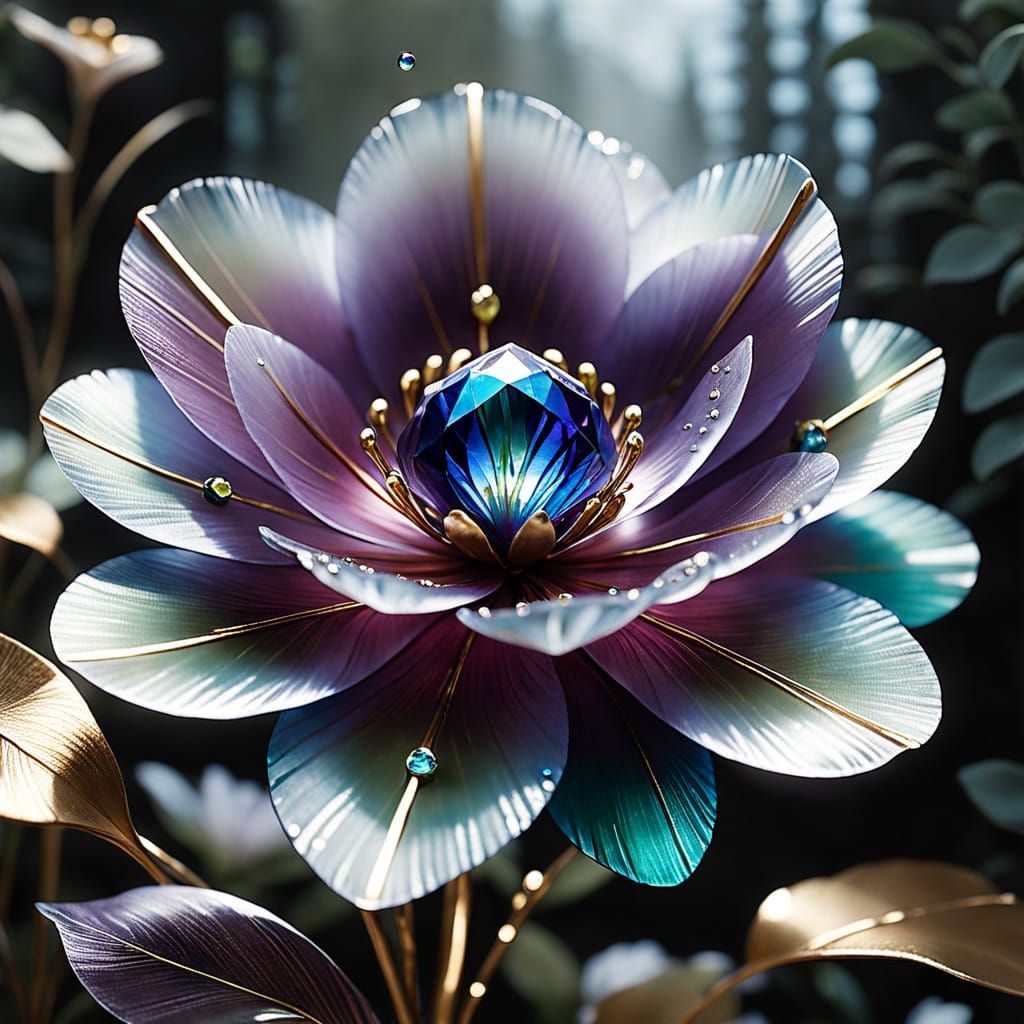 Luminous Gemstone Peacock Bloom in Whimsical Natural Setting
