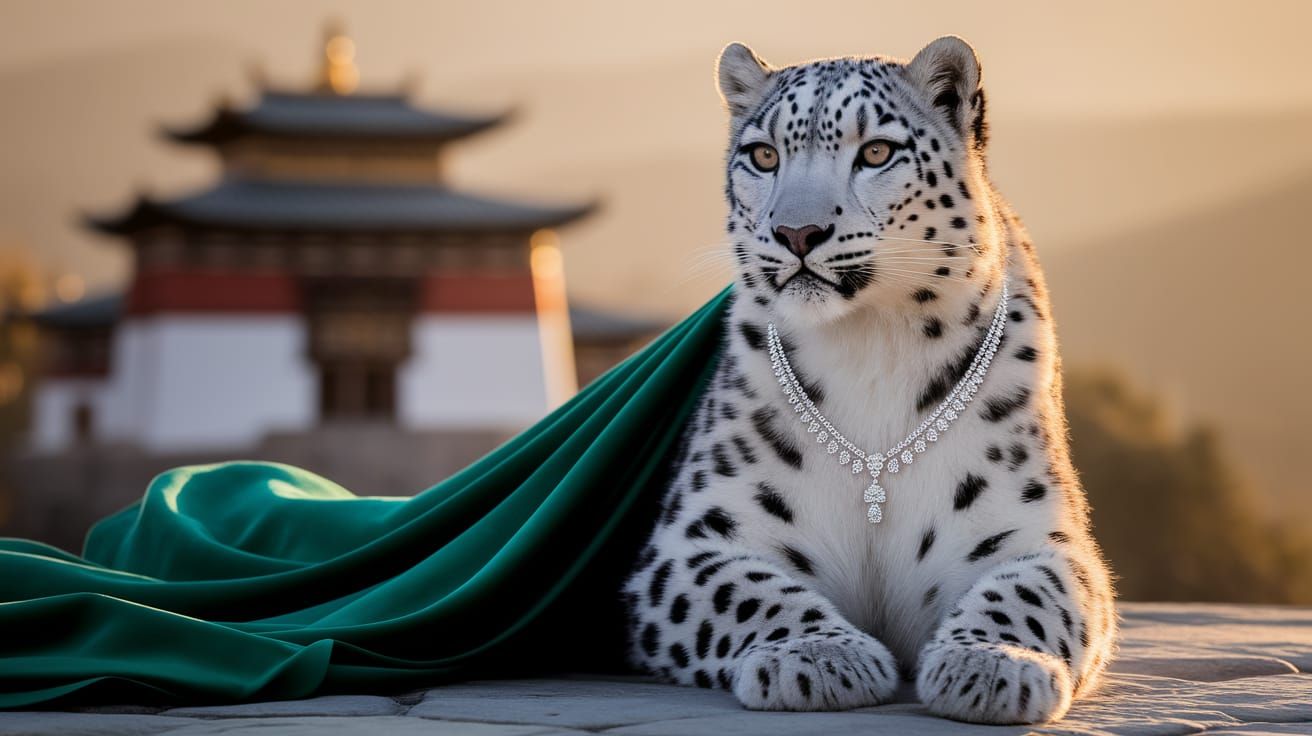 Snow Leopard in Silk Gown, Tibetan Monastery Backdrop