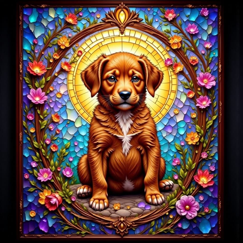 Luminous Stained Glass Puppy in Faceted Mosaic Style