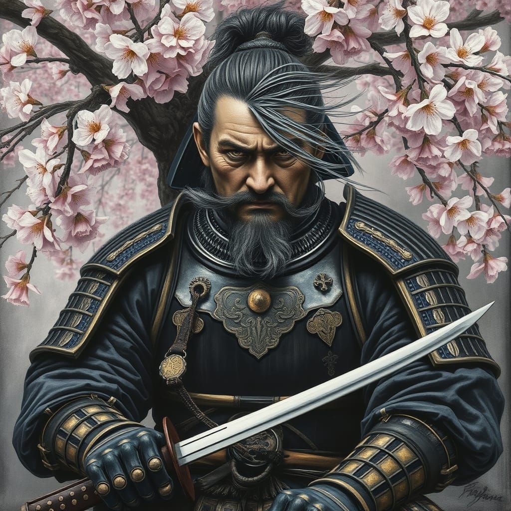 Stoic Samurai Under Cherry Blossom Tree