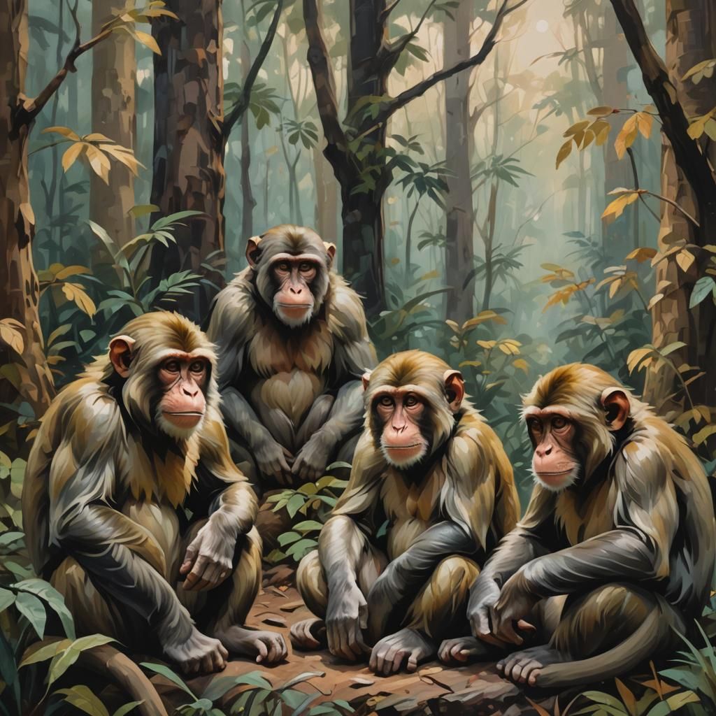 Three Monkeys in Forest: Impressionist Style