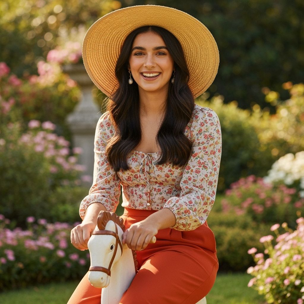 Whimsical Playhouse Scene with Woman on Tiny Chair
