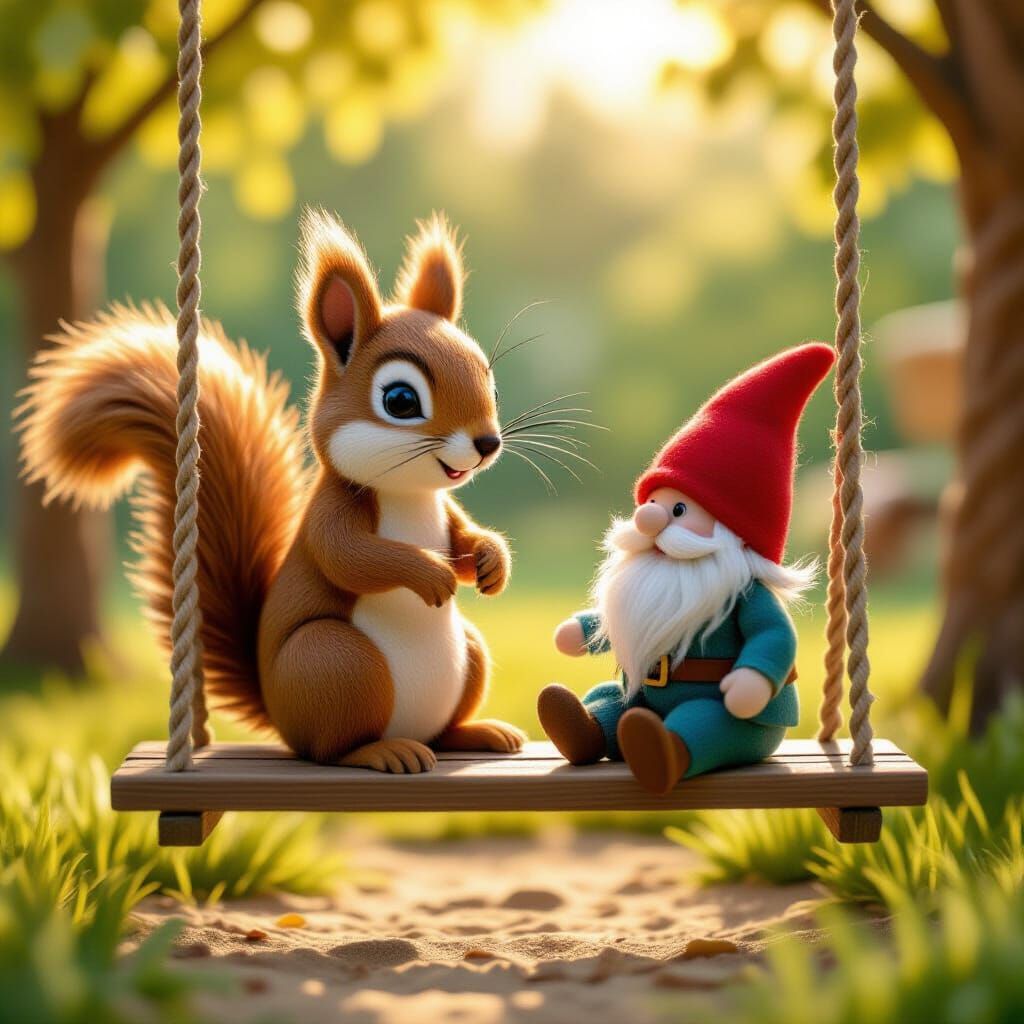 Felt Squirrel and Gnome on a Playground Swing