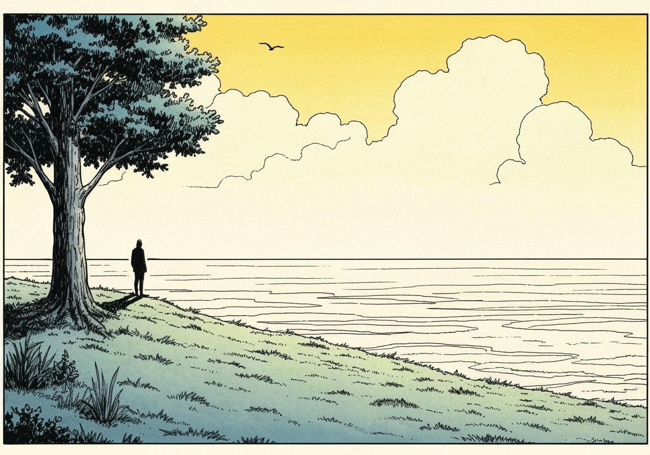 Minimalist Horizon Line With Tree and Figure in Comic Style