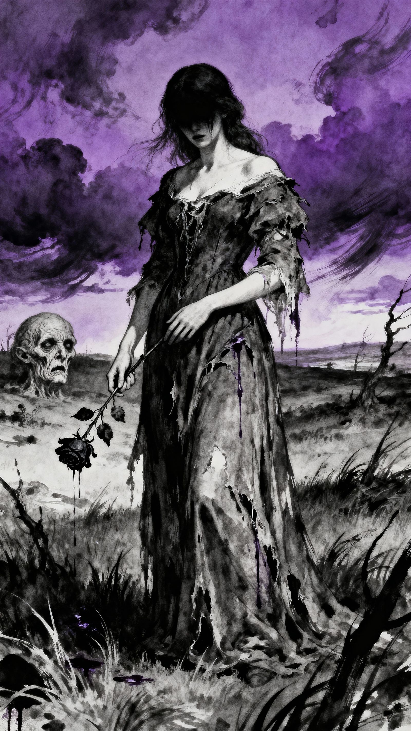 Gothic Woman with Black Rose on Windswept Moor in Ink Wash S...