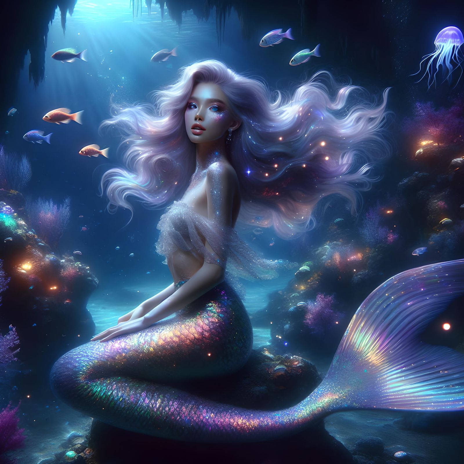 Ethereal Mermaid Swimming in Rainbow Cave