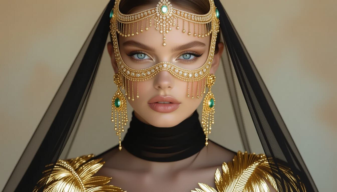 High-Fashion Woman in Ornate Gold Headdress