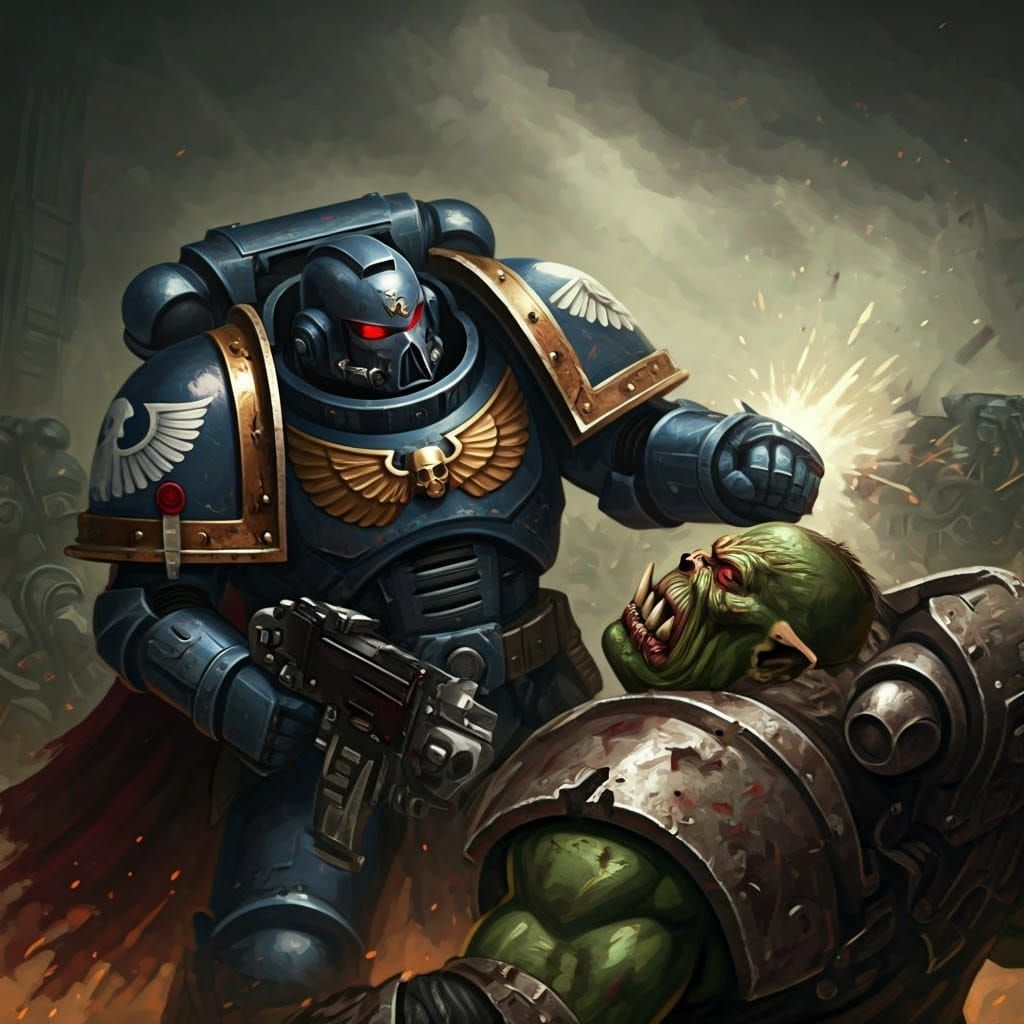 Space Marine Punches Ork in Gothic Sci-Fi Art