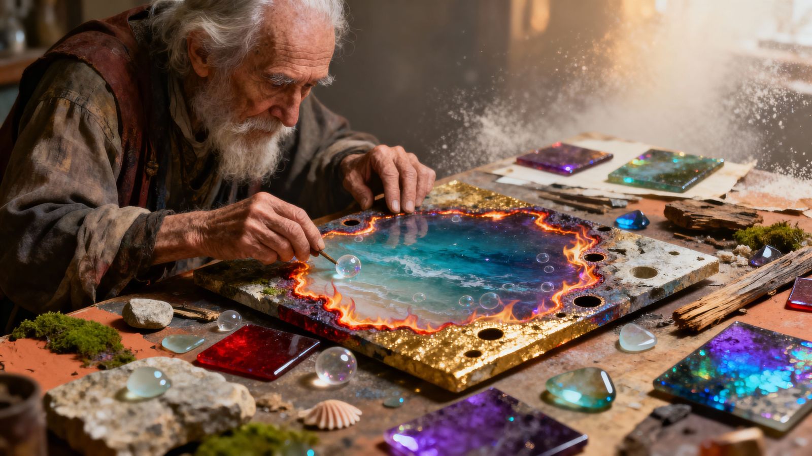 Alchemist Crafts Elemental Squares in Textured Mixed Media A...