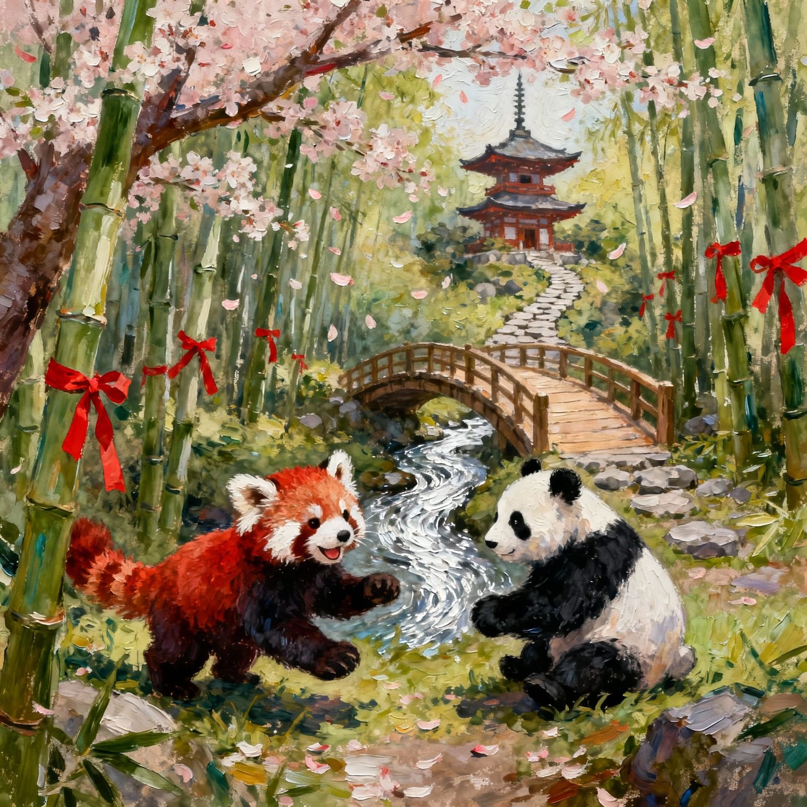 Cute Panda Cubs Play in Bamboo Forest, Japanese Pagoda