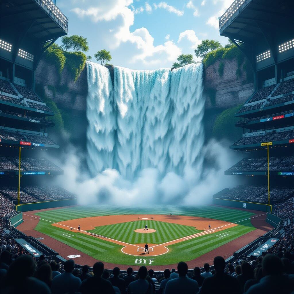 Spectacular Waterfall Inside Baseball Stadium in Hyperrealis...