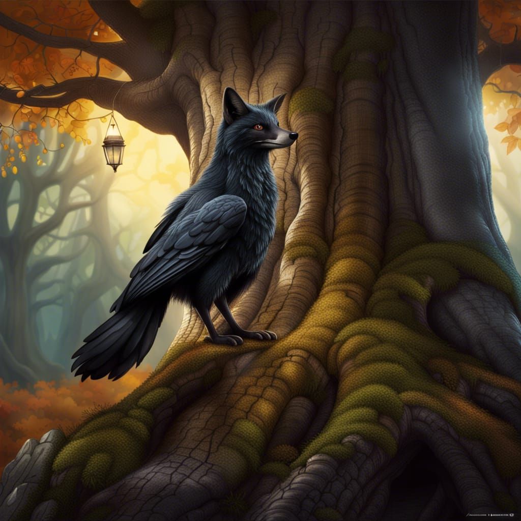 Crow-Fox Hybrid in Storybook Mixed Media