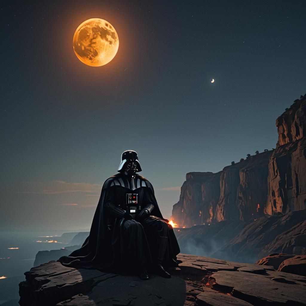 Darth Vader on Cliff at Night in Cinematic Style