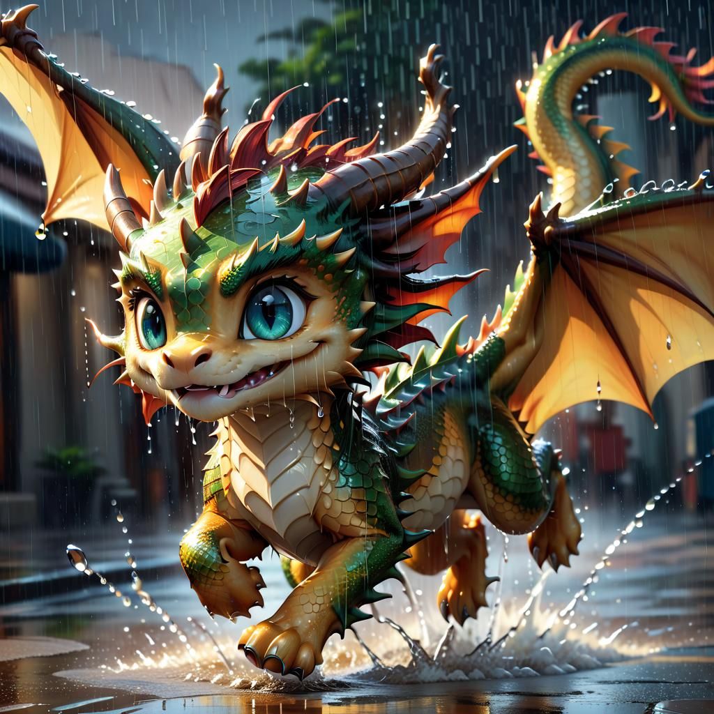 Adorable Dragon Runs Through Rain Puddles: Anime Style