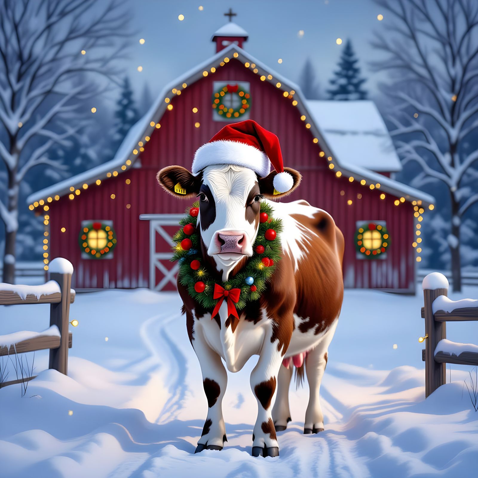 Festive Cow at Snowy Christmas Barn