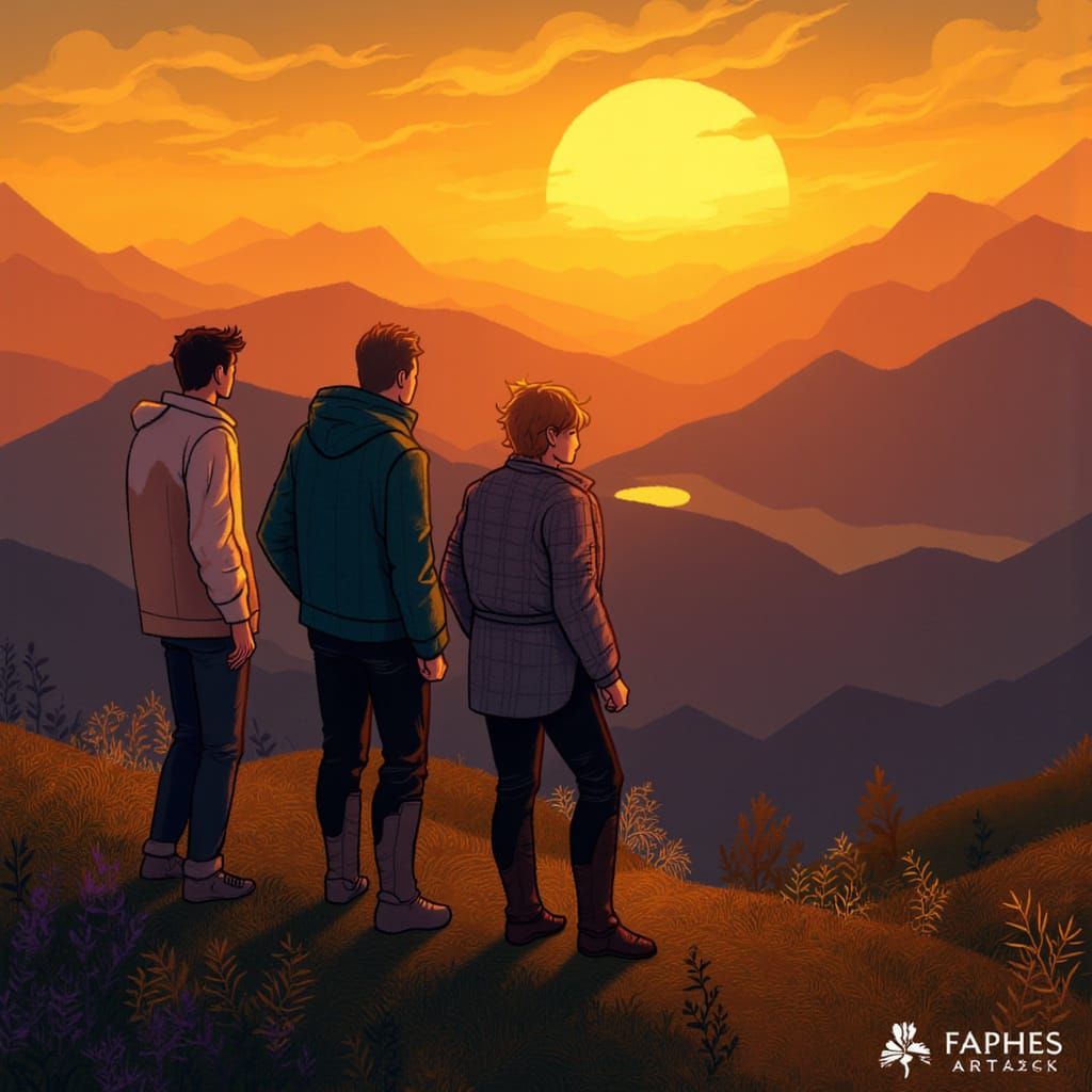 People Watching Mountain Sunset in Landscape Painting Style
