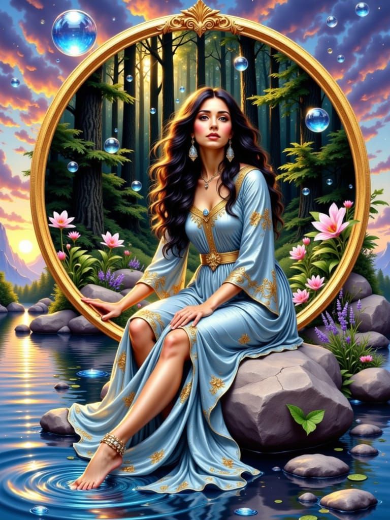Goddess in Portal Ring with Bubbles and Forest