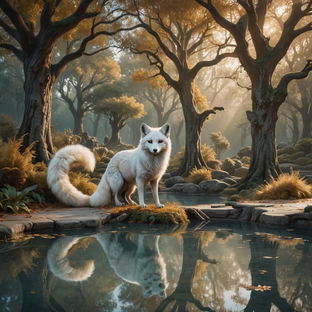 White Fox with Silky Tails in Fantasy Landscape