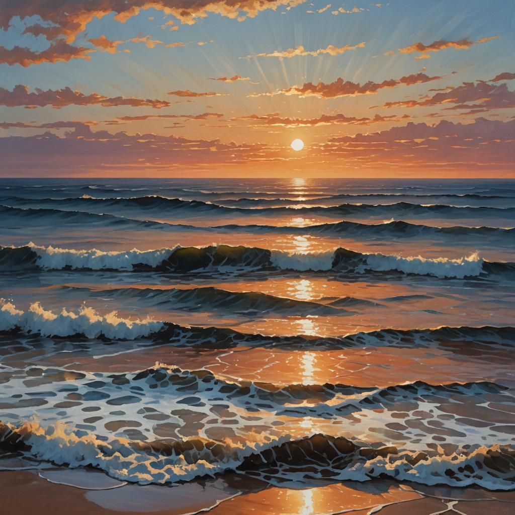 Golden Sunrise Over Ocean Waves in Splash Art Style