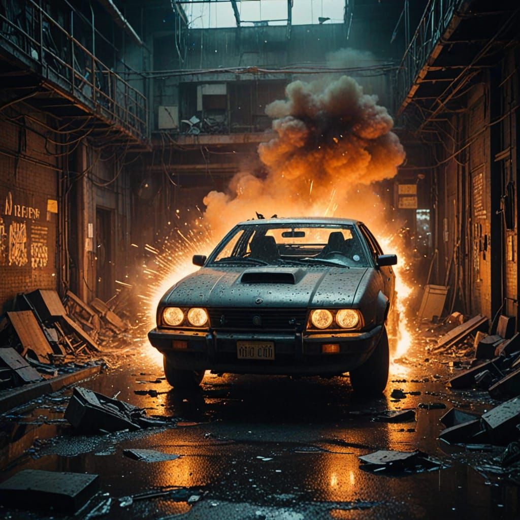 Cyberpunk Car Explosion in Neon-Lit Dystopia