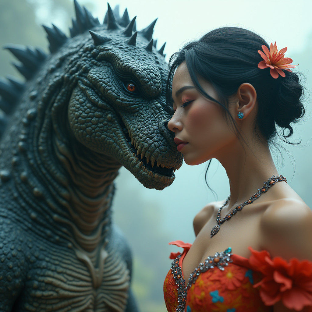 Godzilla and Model in Futuristic Nostalgic Dreamscape