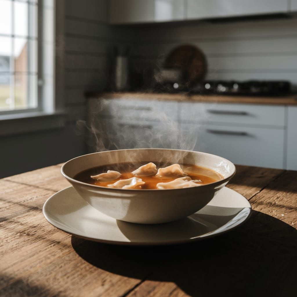 Steaming Wonton Soup in Cozy Farmhouse Kitchen