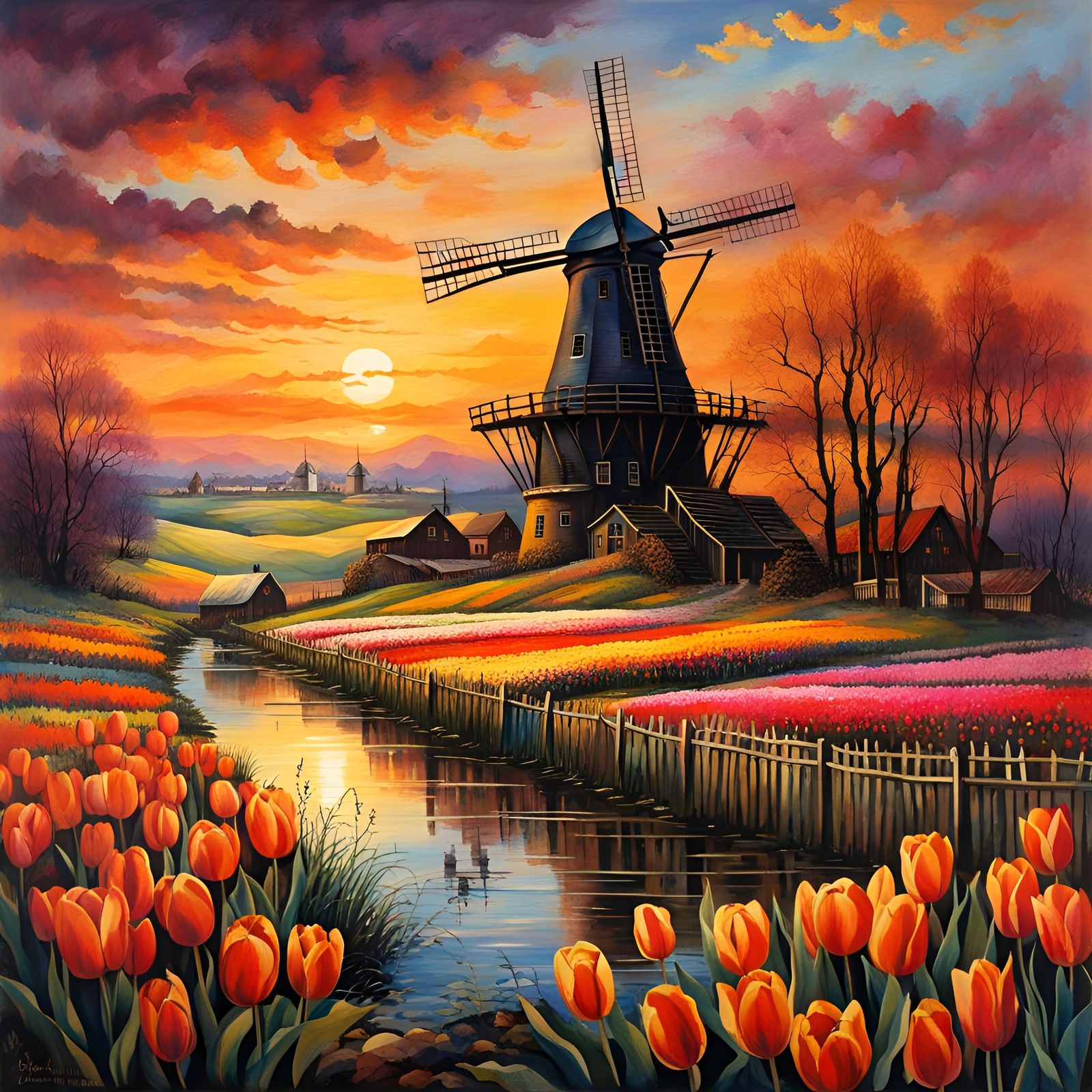 Dutch Windmill Scene in Watercolor Painting Style