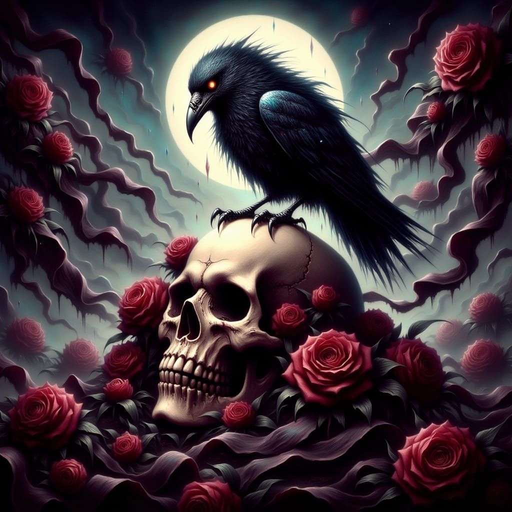 Raven on Skull: Dark Fantasy Digital Illustration