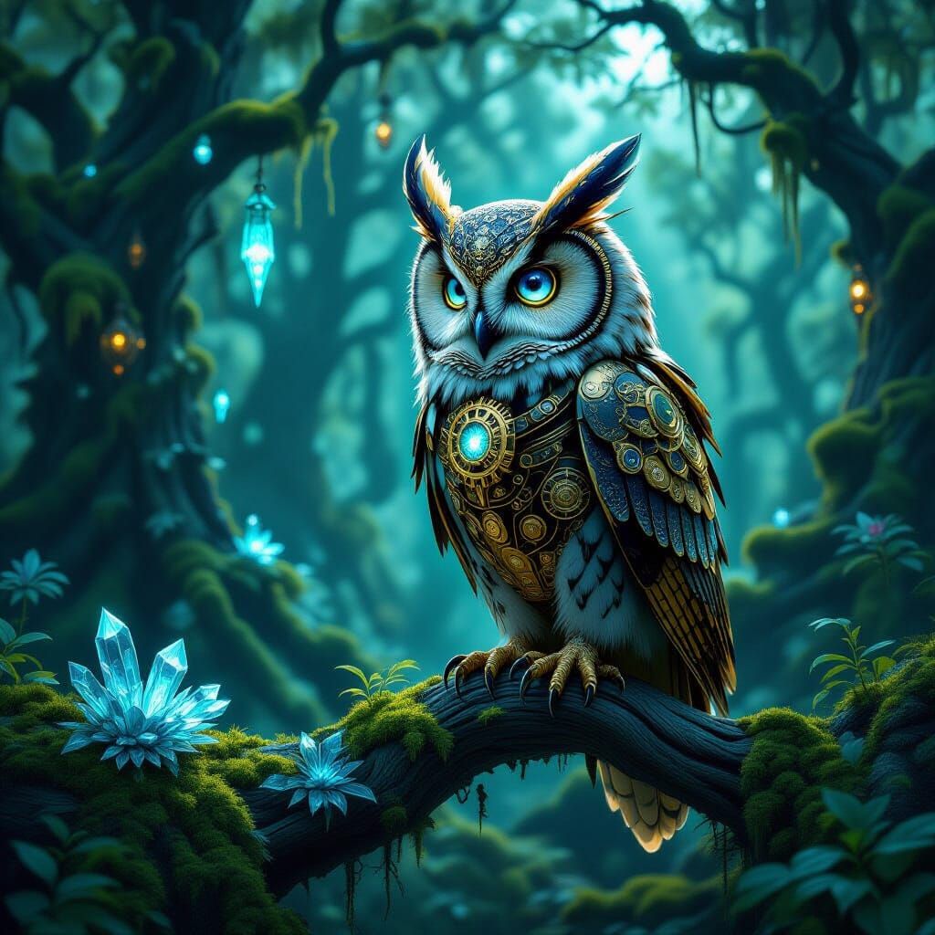 Clockwork Owl on Bioluminescent Tree in Alien Forest