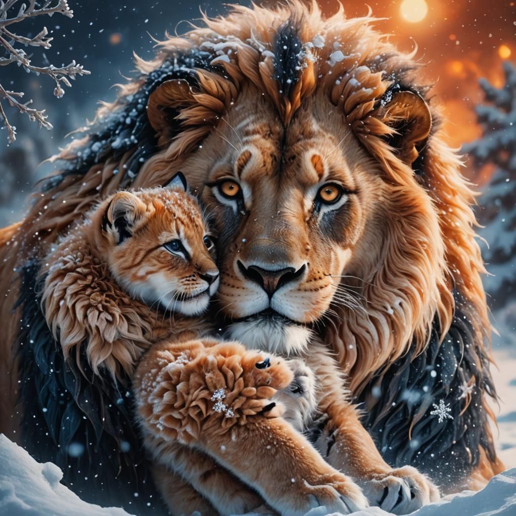 Snowy Lion Hugging Kitten: Digital Matte Painting