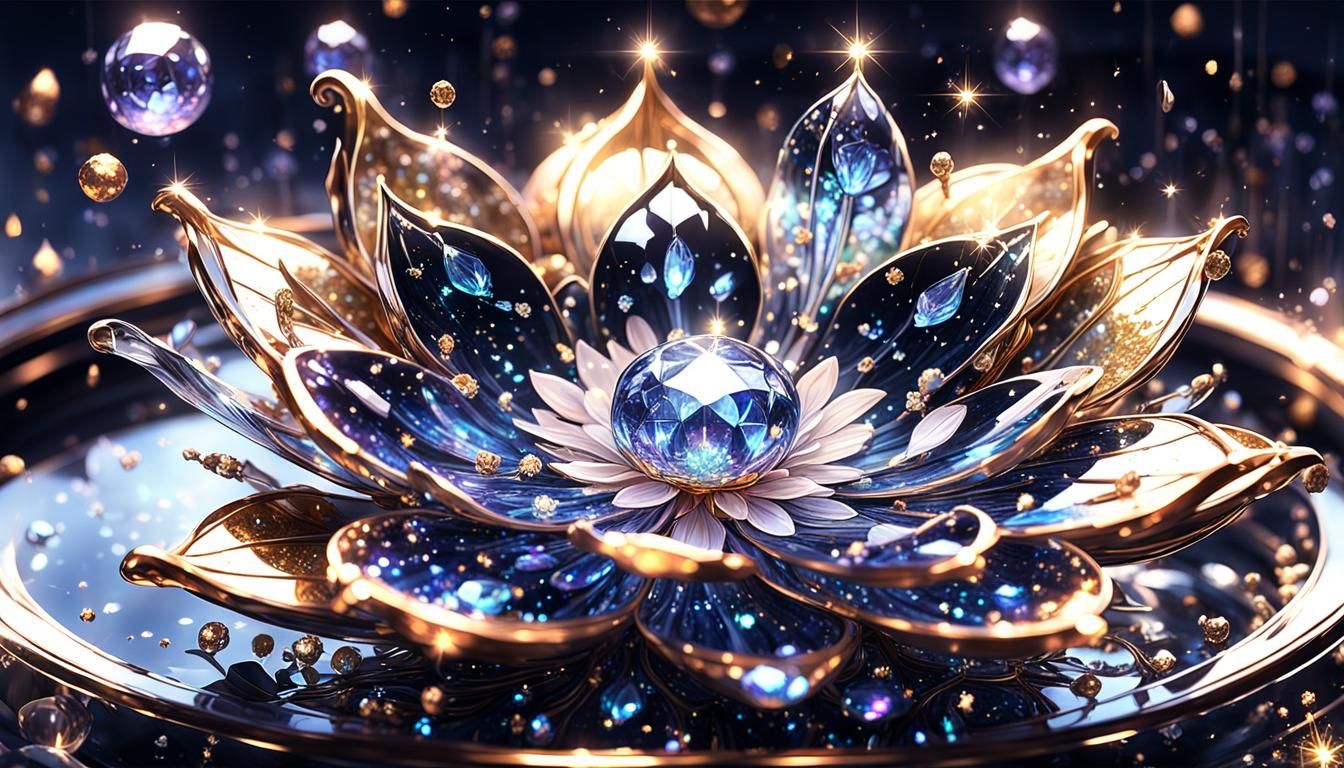 sparkling magical fantasy glass flower dewdrop, very detailed, amazing quality, intricate, cinematic light, highly detai...