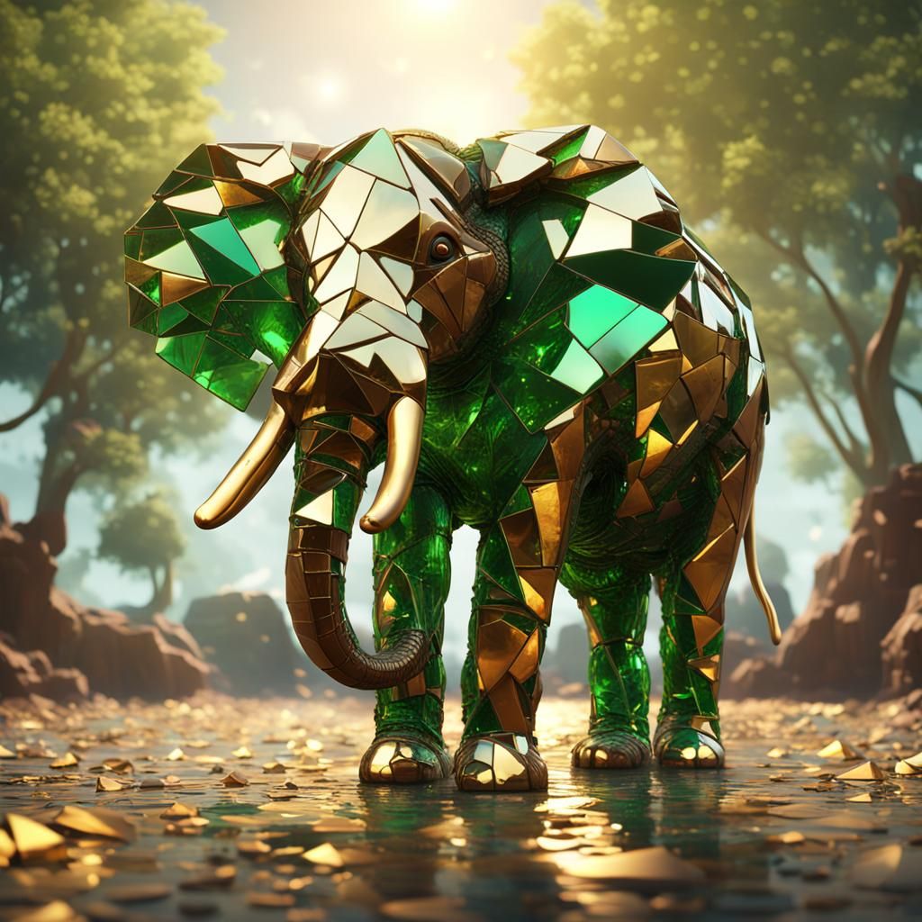 Glass Shard Elephant Walking Against Bright Sky