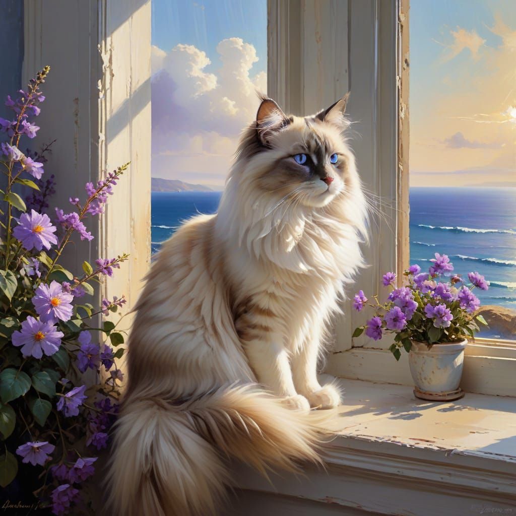 Ragdoll Cat on Windowsill Overlooking Ocean in Oil Painting ...