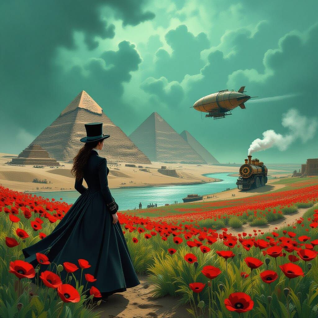 Steampunk Victorian Egypt Poppy Field in Impressionist Style