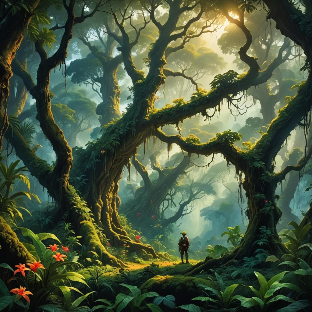 Explorer in Mystical Jungle, Detailed Matte Painting