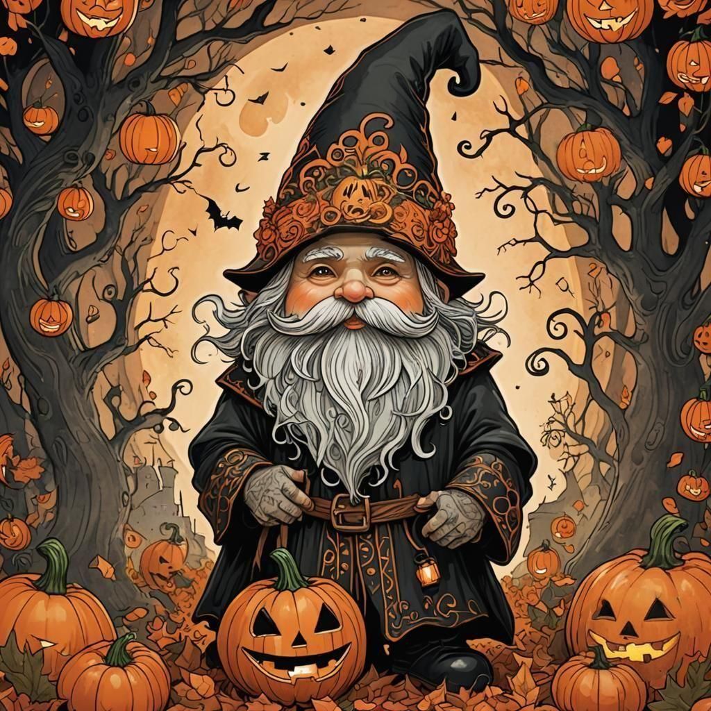 Cute chibi spooky Halloween gnome, style of Edward gorey and...