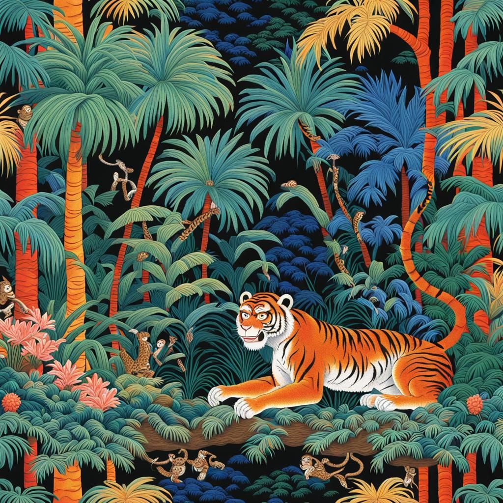 Tiger and Monkey in Vibrant Forest, Animated Style